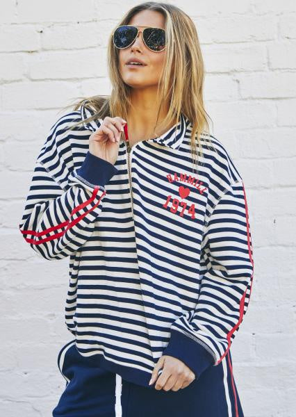Retro Stripe Collard Zip Sweat- Navy/White -
