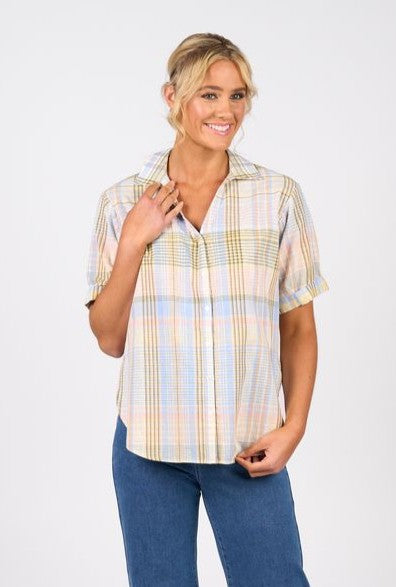 Dropped Shoulder Shirt with Rounded Hem - Blue Check