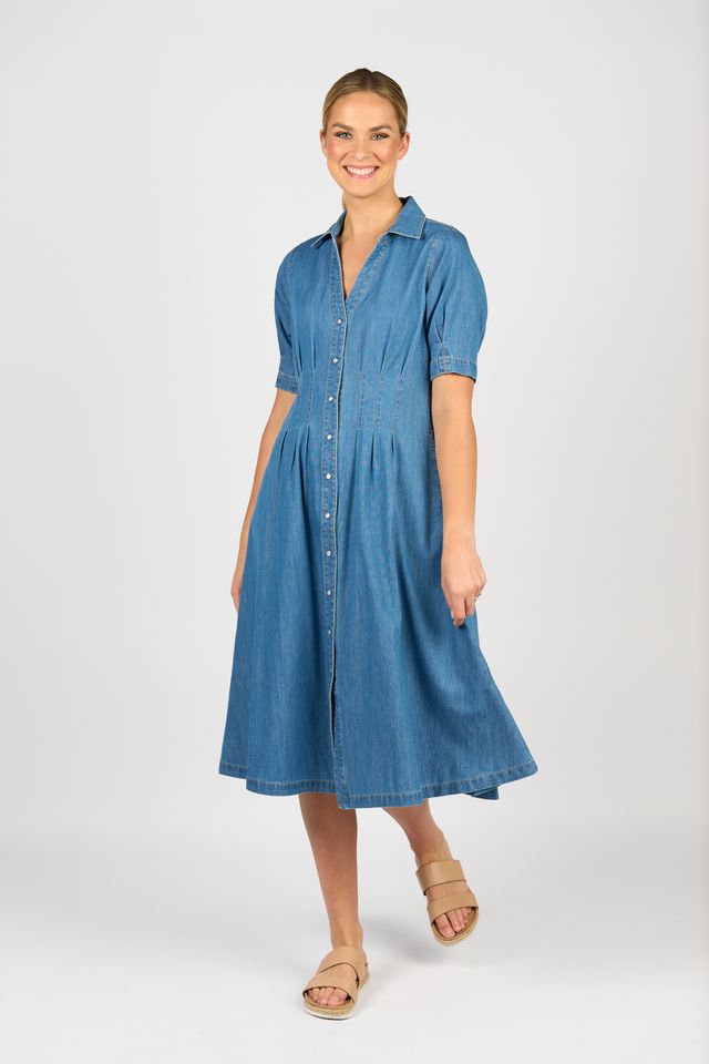 Cap Slv Shaped Waist Button Up Dress w Pockets - Mid Wash