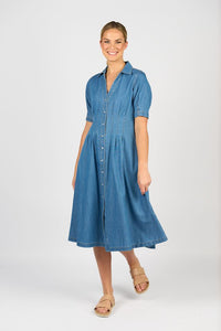 Cap Slv Shaped Waist Button Up Dress w Pockets - Mid Wash