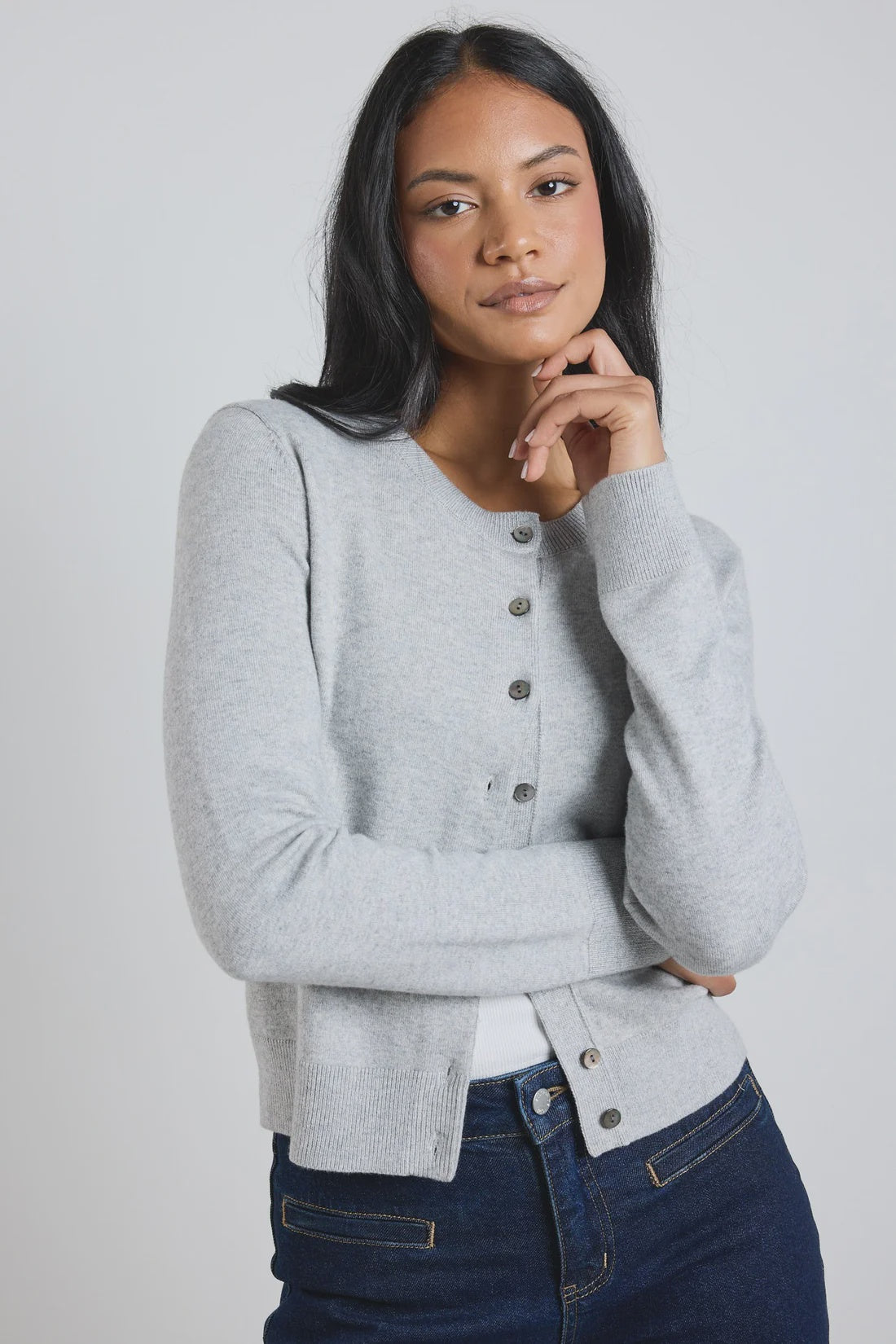Autograph Light Grey Marle Cashmere Blend Crewneck Cardigan - Light Grey Marle