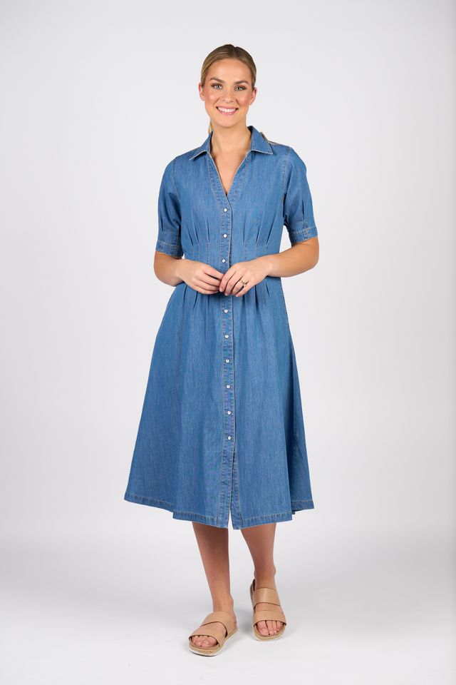 Cap Slv Shaped Waist Button Up Dress w Pockets - Mid Wash