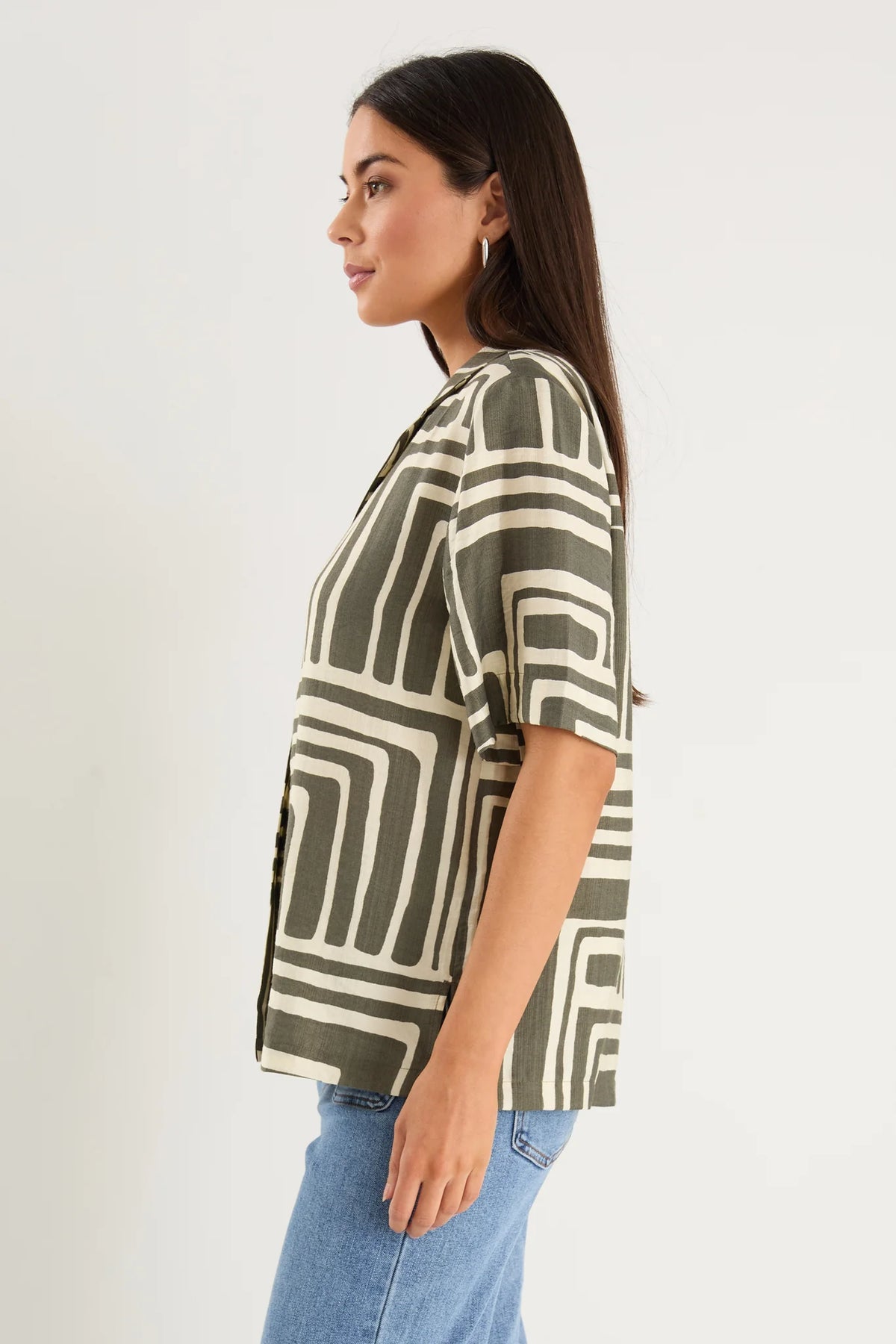 Dispatch Khaki Maze Print Short Sleeved Boxy Shirt