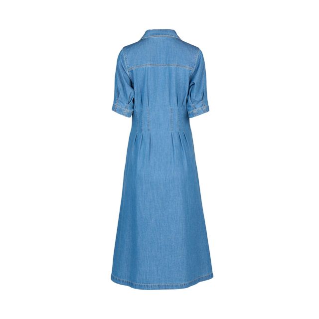 Cap Slv Shaped Waist Button Up Dress w Pockets - Mid Wash