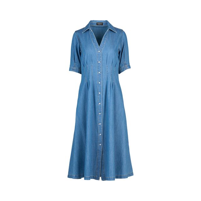 Cap Slv Shaped Waist Button Up Dress w Pockets - Mid Wash
