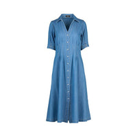 Cap Slv Shaped Waist Button Up Dress w Pockets - Mid Wash