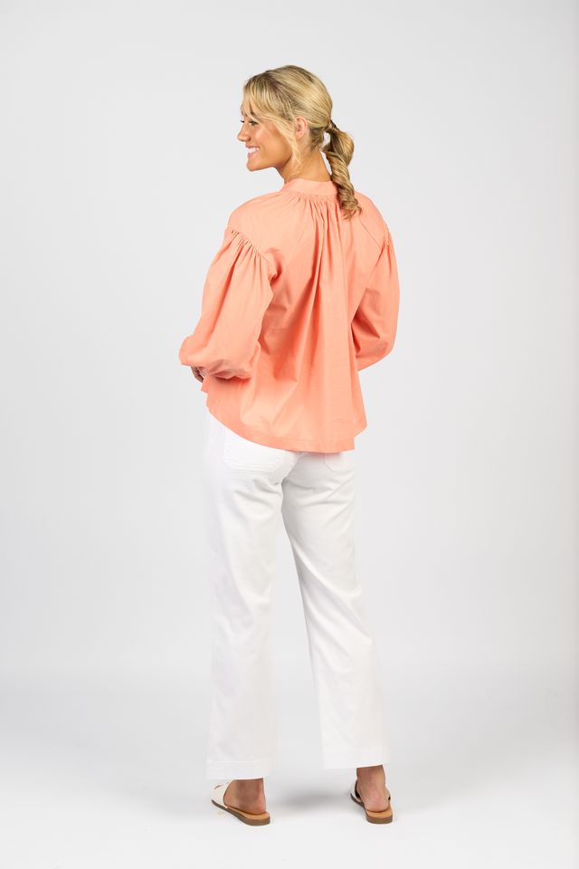 Stitched Collar and Placket Shirt with Balloon Sleeve - Apricot