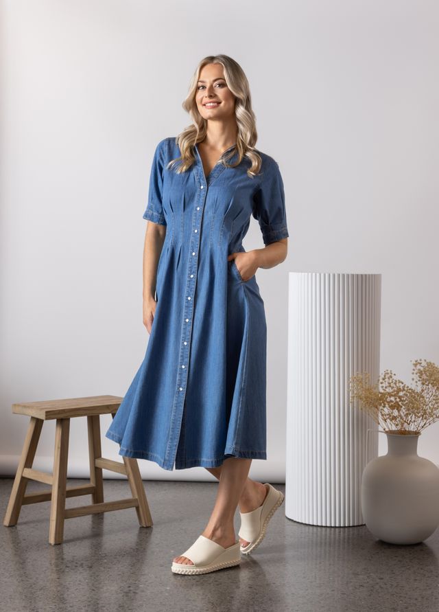 Cap Slv Shaped Waist Button Up Dress w Pockets - Mid Wash
