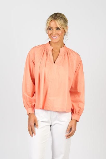 Stitched Collar and Placket Shirt with Balloon Sleeve - Apricot