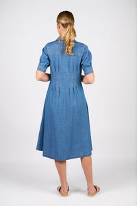 Cap Slv Shaped Waist Button Up Dress w Pockets - Mid Wash