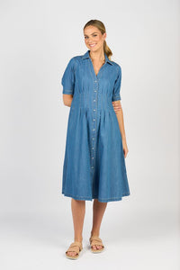 Cap Slv Shaped Waist Button Up Dress w Pockets - Mid Wash