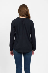 Merino Round Neck Top With Front Keyhole - Midnight
