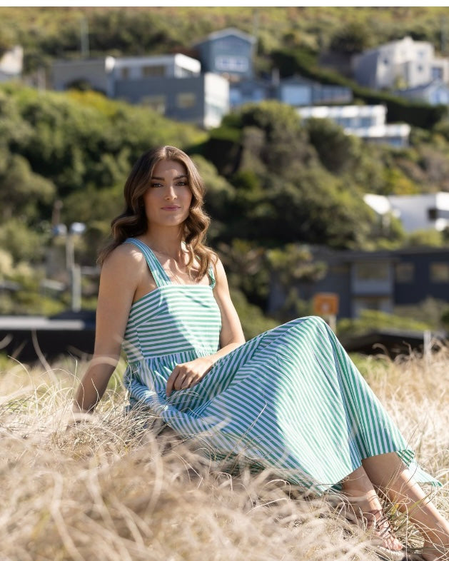 Sleeveless Tiered Dress with Wide Straps and Pockets - Clover Stripe