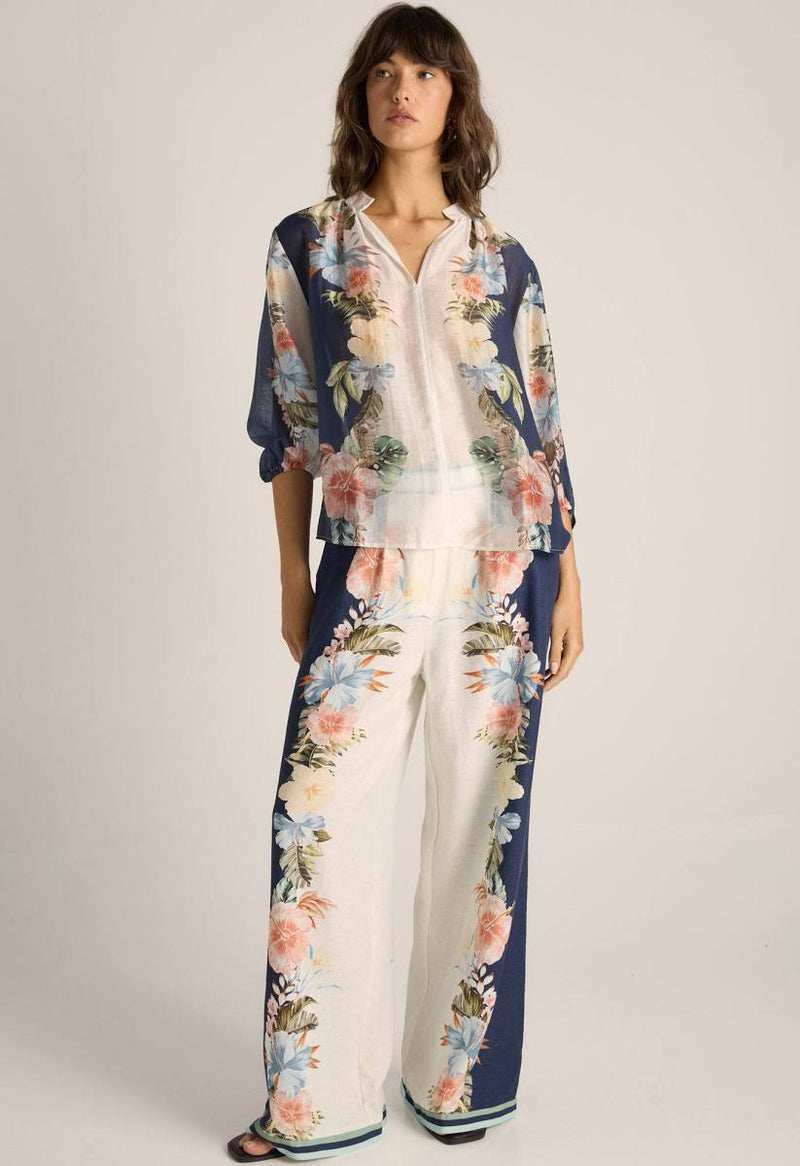 Solara Split Neck Blouse - Navy Print