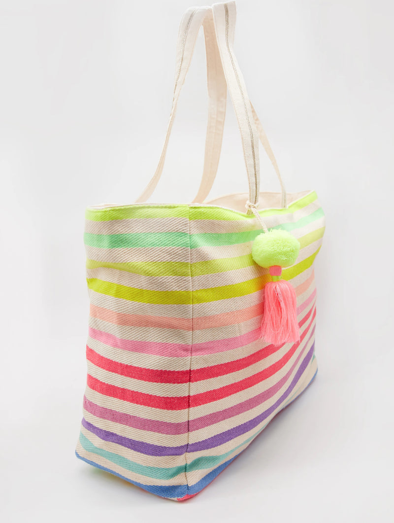 Shopper Bag - Coloured Stripes w/ Pompom & Tassle