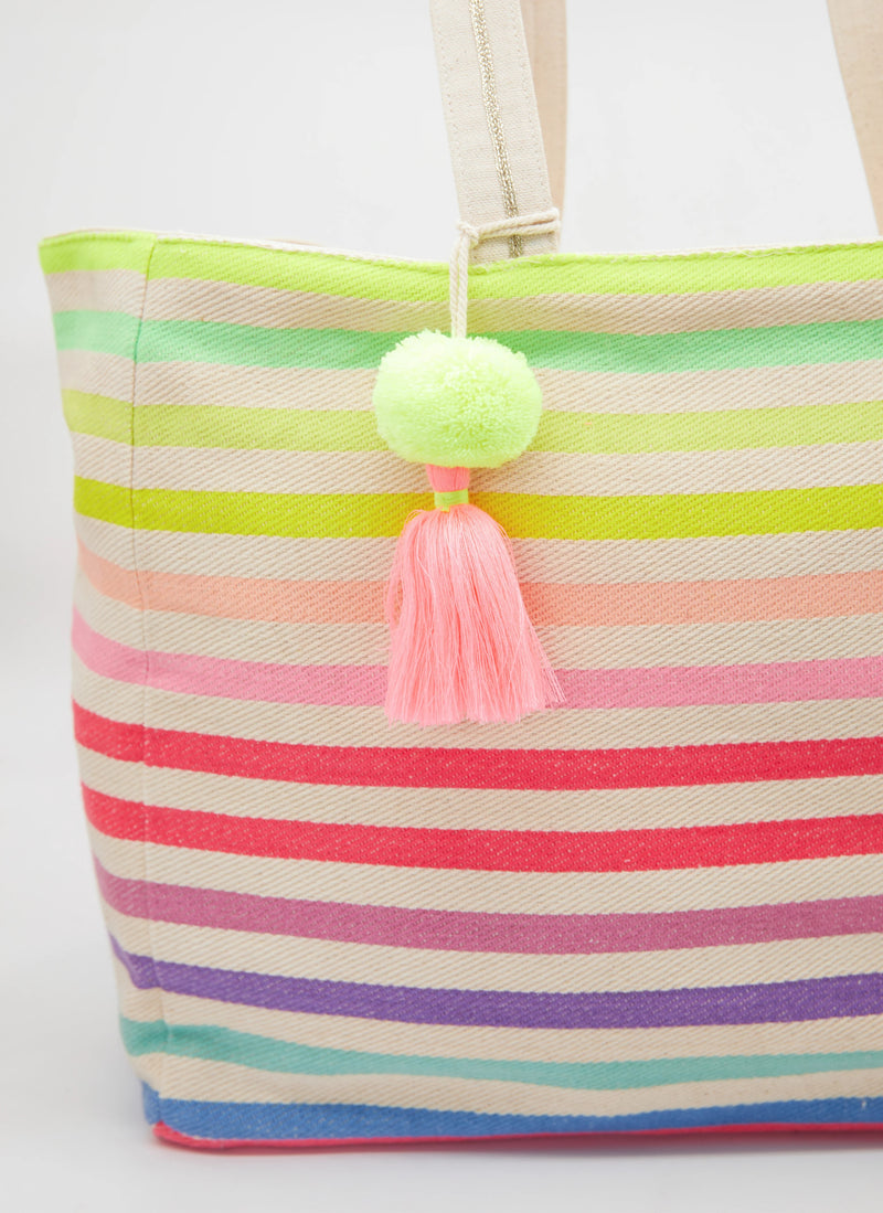 Shopper Bag - Coloured Stripes w/ Pompom & Tassle