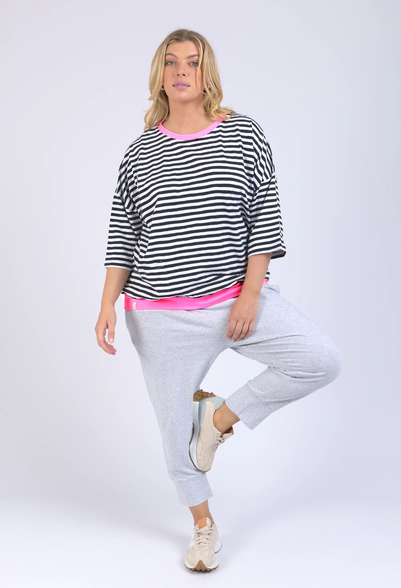 Mazie Stripe Ringer Sweat - Navy/White Stripe/Neon Pink Trim