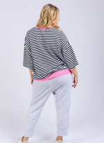 Mazie Stripe Ringer Sweat - Navy/White Stripe/Neon Pink Trim