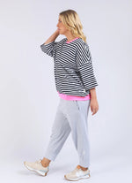 Mazie Stripe Ringer Sweat - Navy/White Stripe/Neon Pink Trim