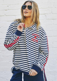 Retro Stripe Collard Zip Sweat- Navy/White - Preorder