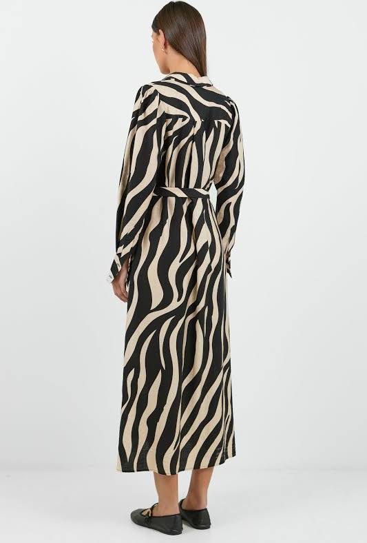 Cyprus Black Cream Safari LS Shirt Midi Dress
