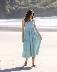 Sleeveless Tiered Dress with Wide Straps and Pockets - Clover Stripe