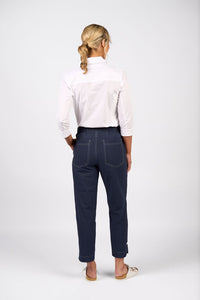 Relaxed Leg Ankle Grazer Pant with Contrast Trim & Stitching - Ink