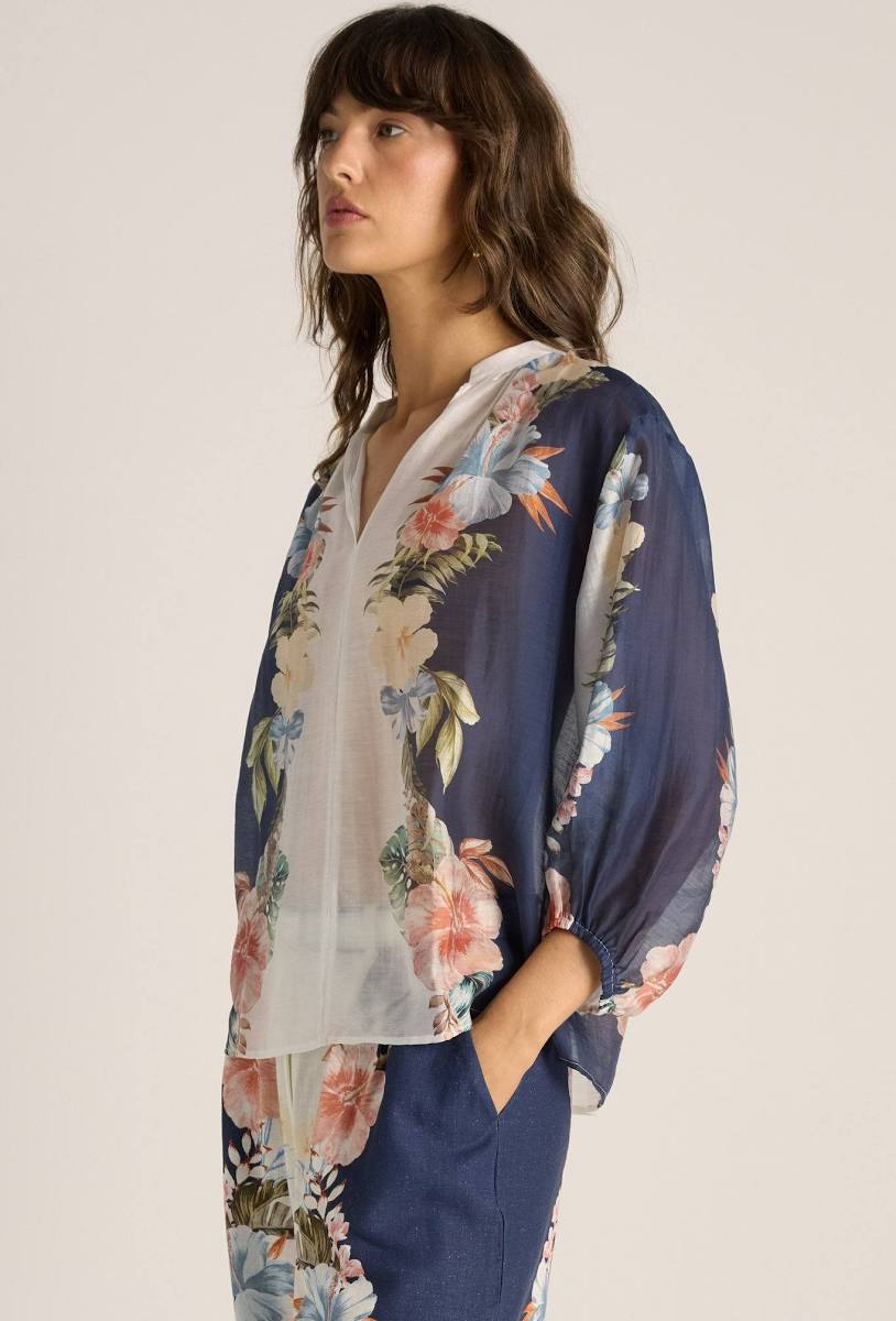 Solara Split Neck Blouse - Navy Print