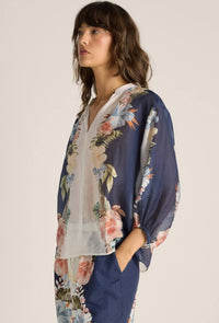Solara Split Neck Blouse - Navy Print