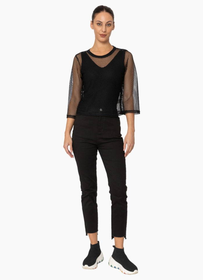 Arrow Mesh Top - 3/4 Sleeve  / Black