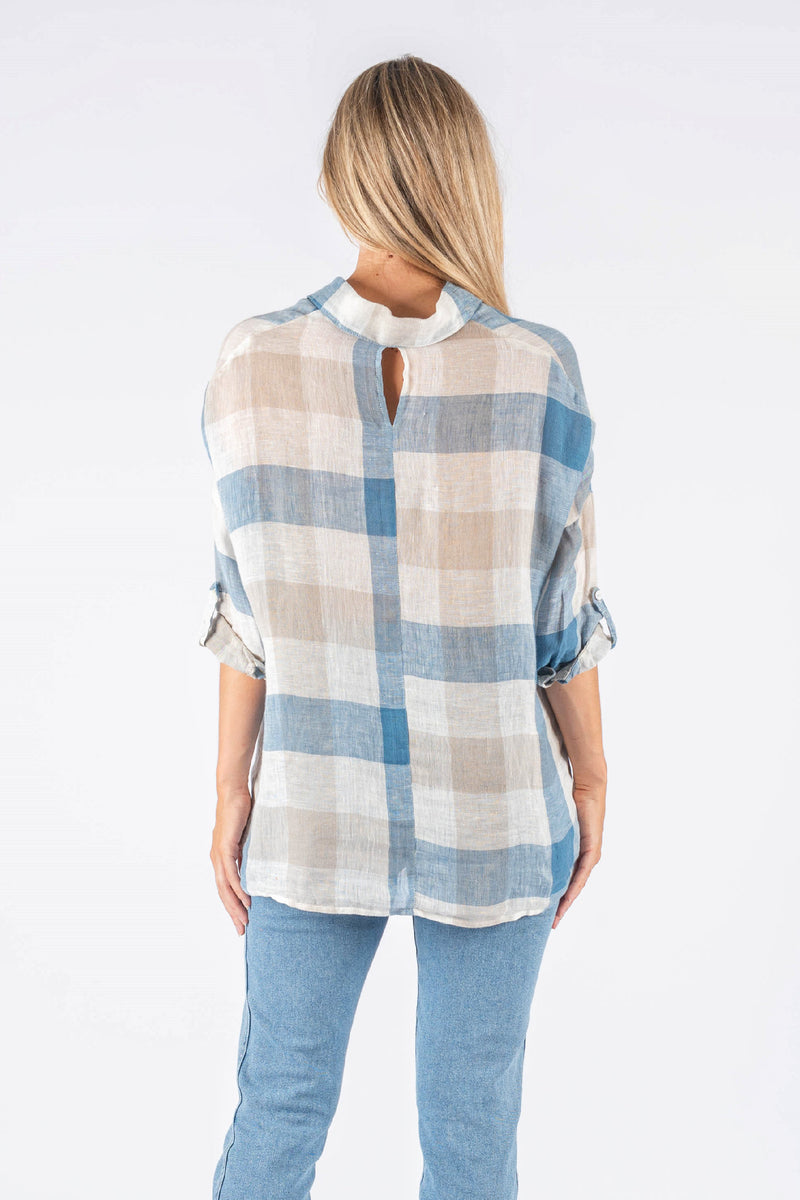 Nia Linen Shirt - Blue/Beige