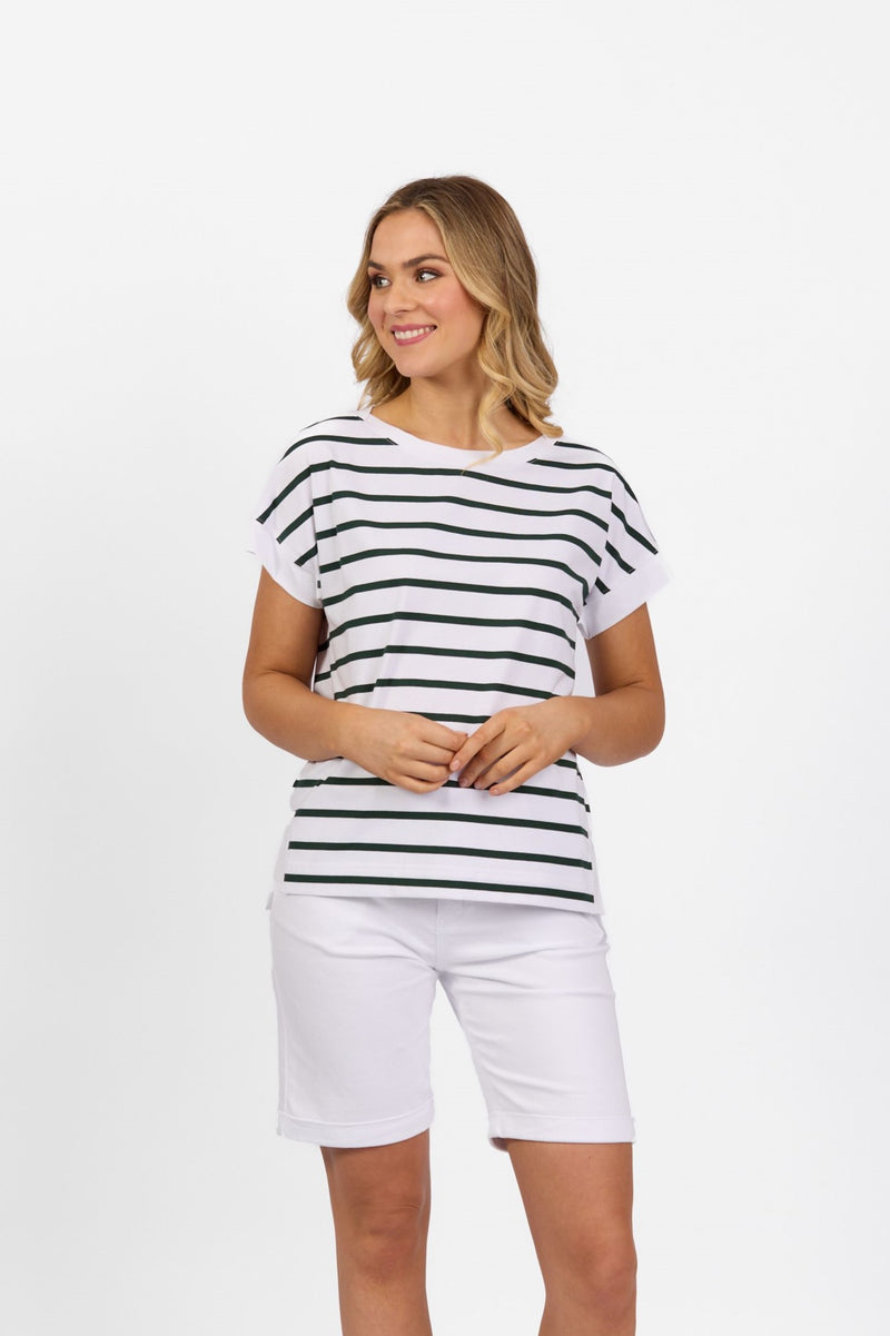 Drop Sleeve Top with Stepped Hem - White/Forest Stripe