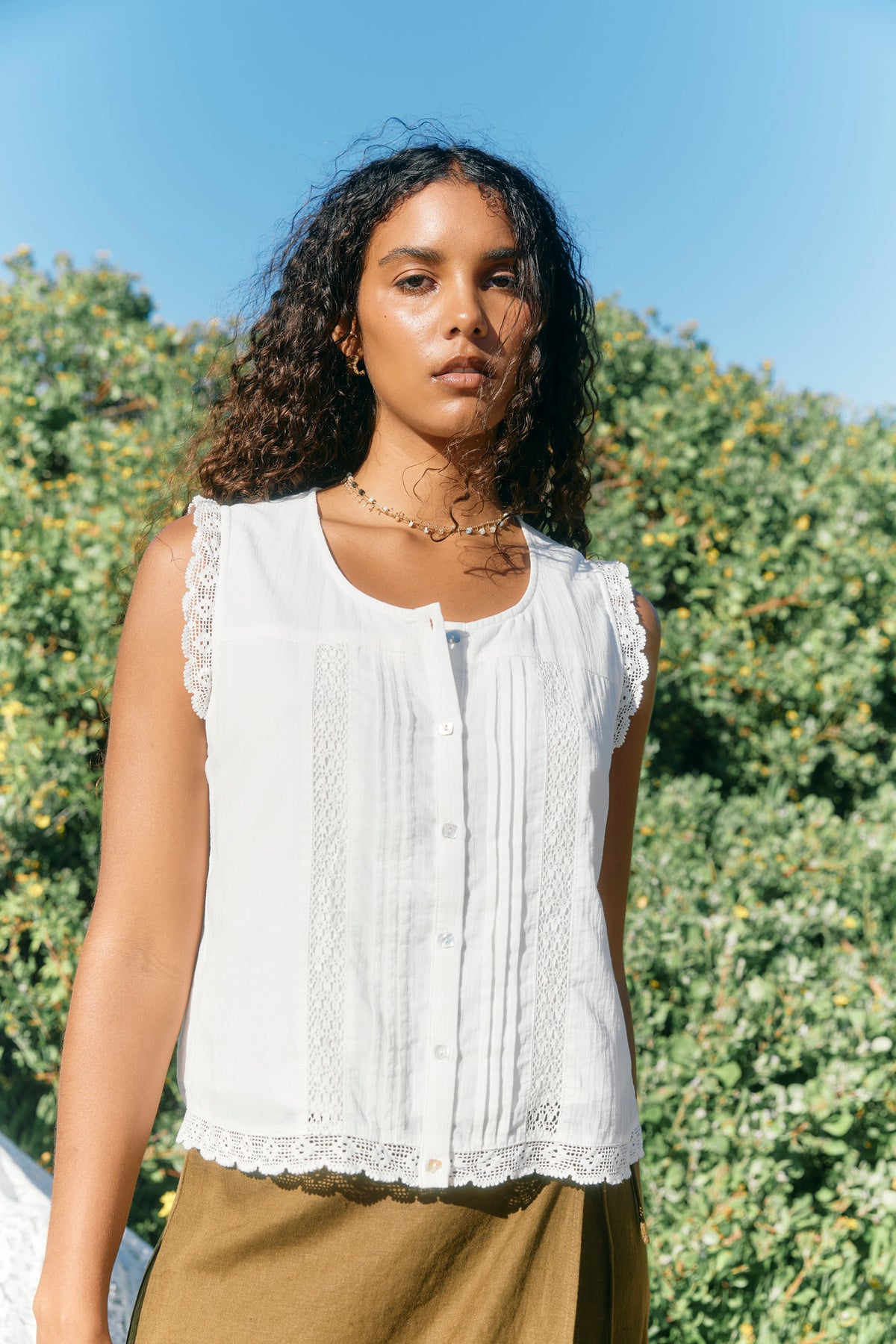 Frances Button Tank - White