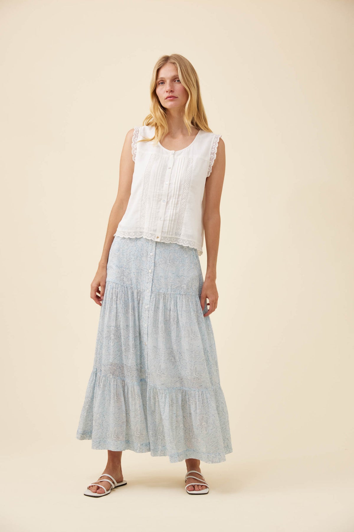 Frances Button Tank - White