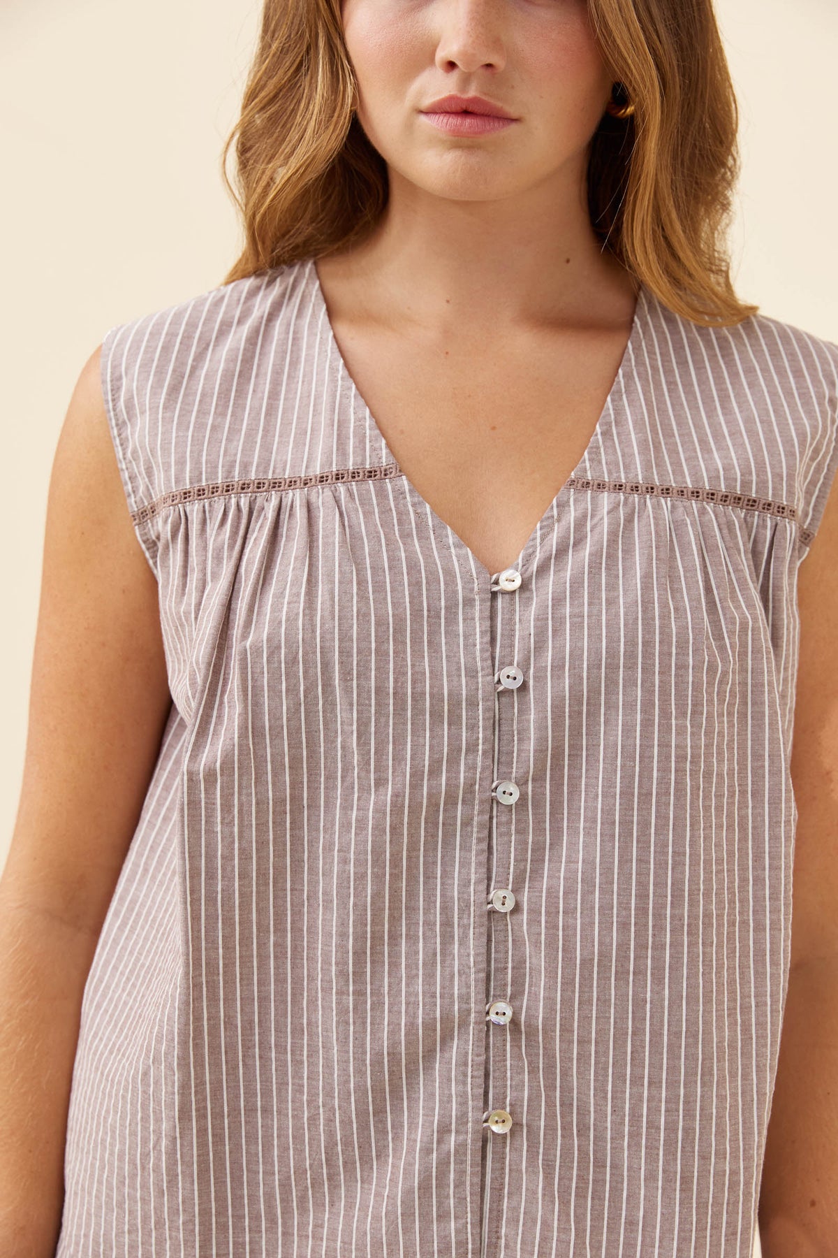 Lyndell Button Tank - Taupe