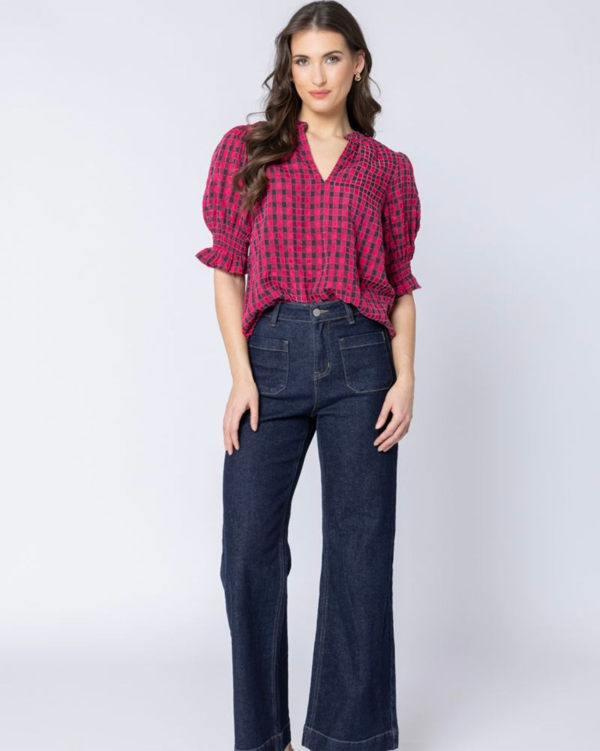 Relaxed Butterfly Top / Hot Pink Texture Check