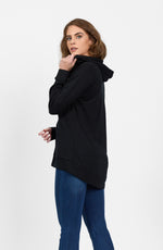 Merino Zip Up Hooded Jacket With Scooped Hem - Black