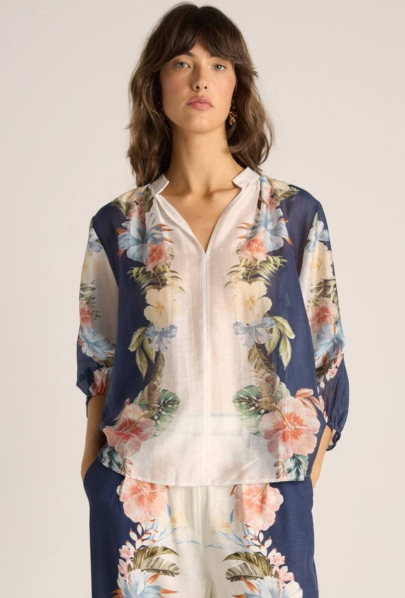 Solara Split Neck Blouse - Navy Print