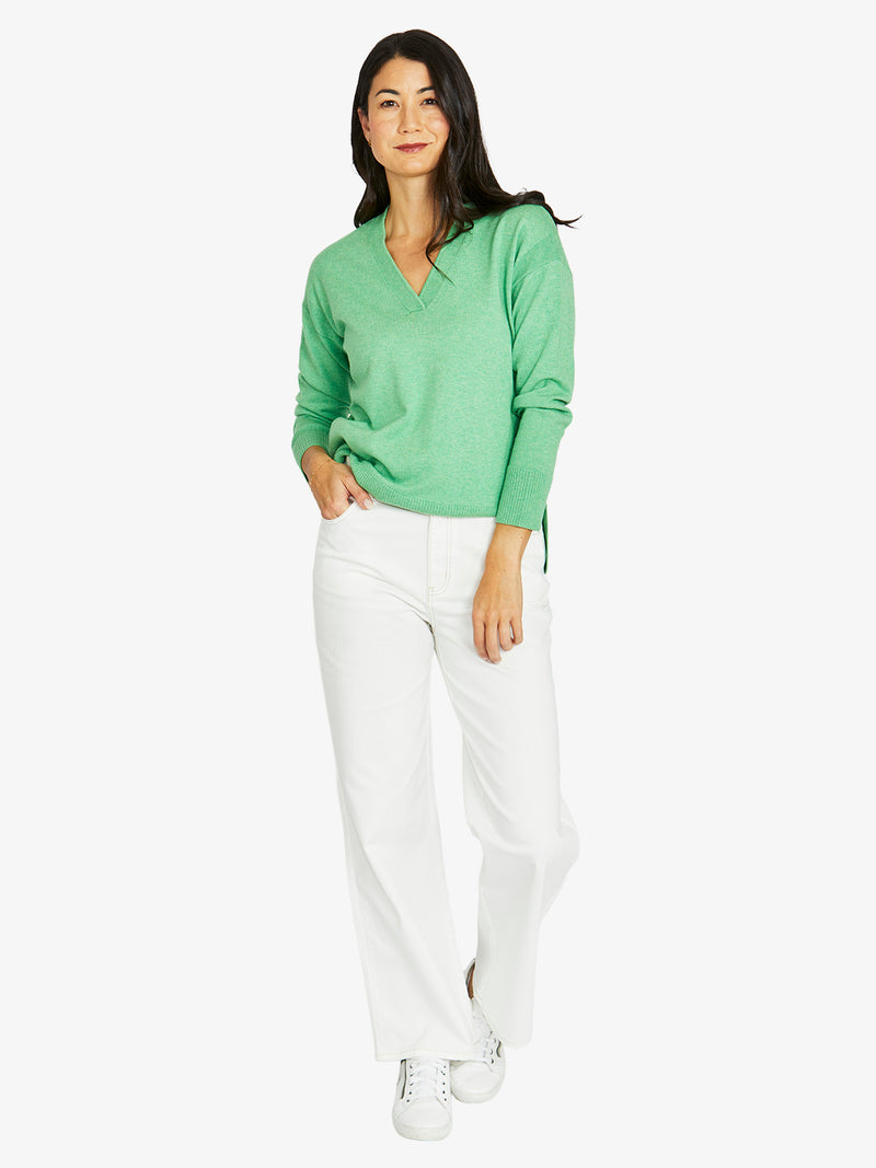 V Neck Pullover - Green Tea Marle