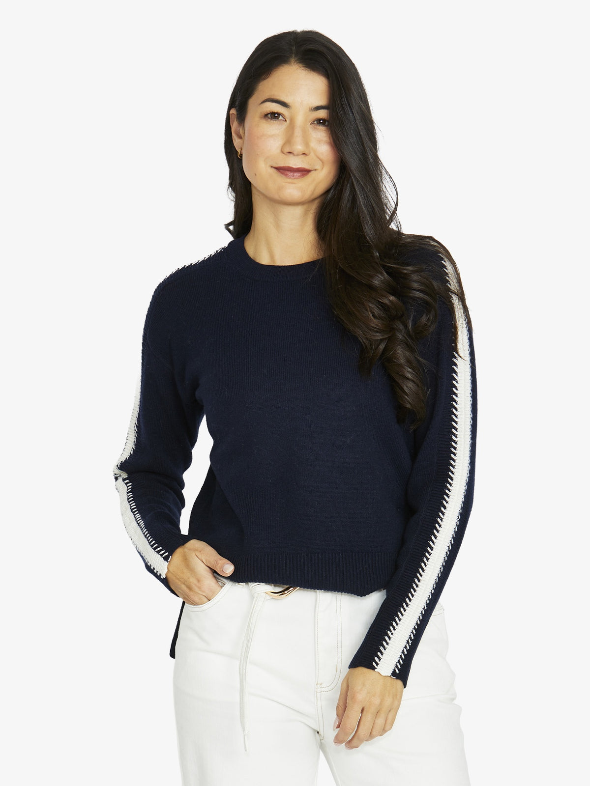 Sleeve Stitch Pullover - Navy-Ivory