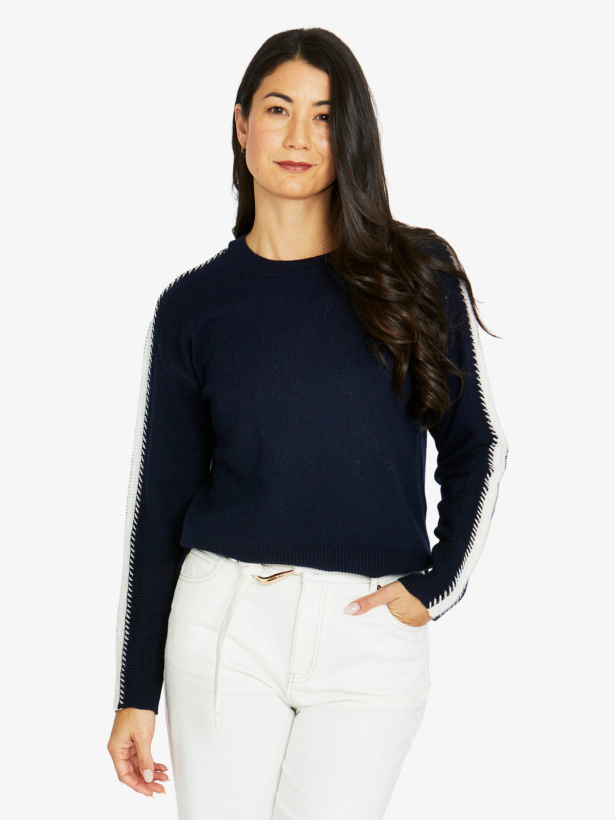 Sleeve Stitch Pullover - Navy-Ivory
