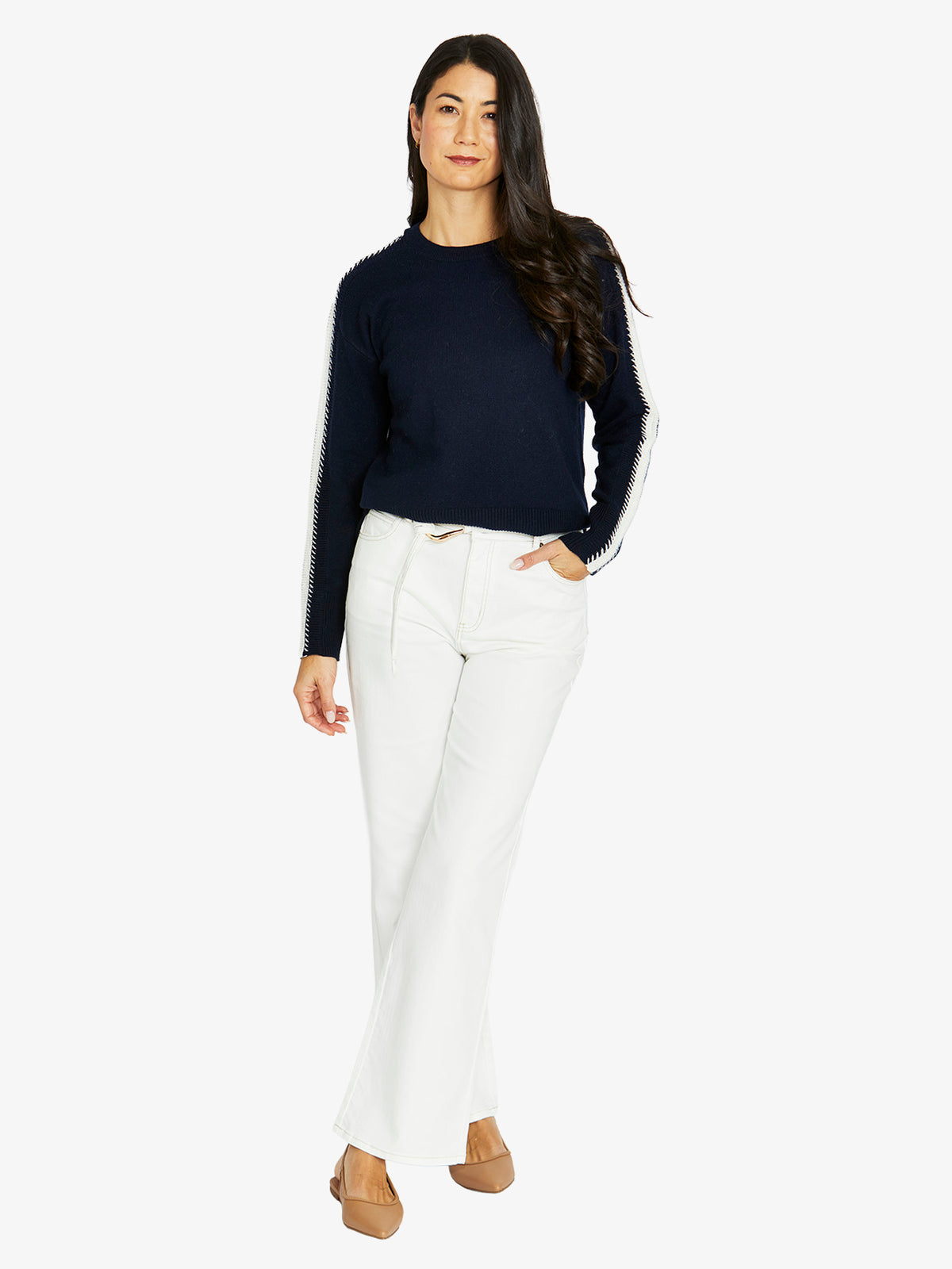 Sleeve Stitch Pullover - Navy-Ivory