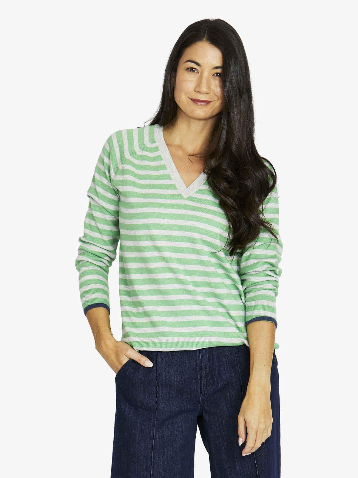 Duo Stripe V-Neck - Green Tea- Grey