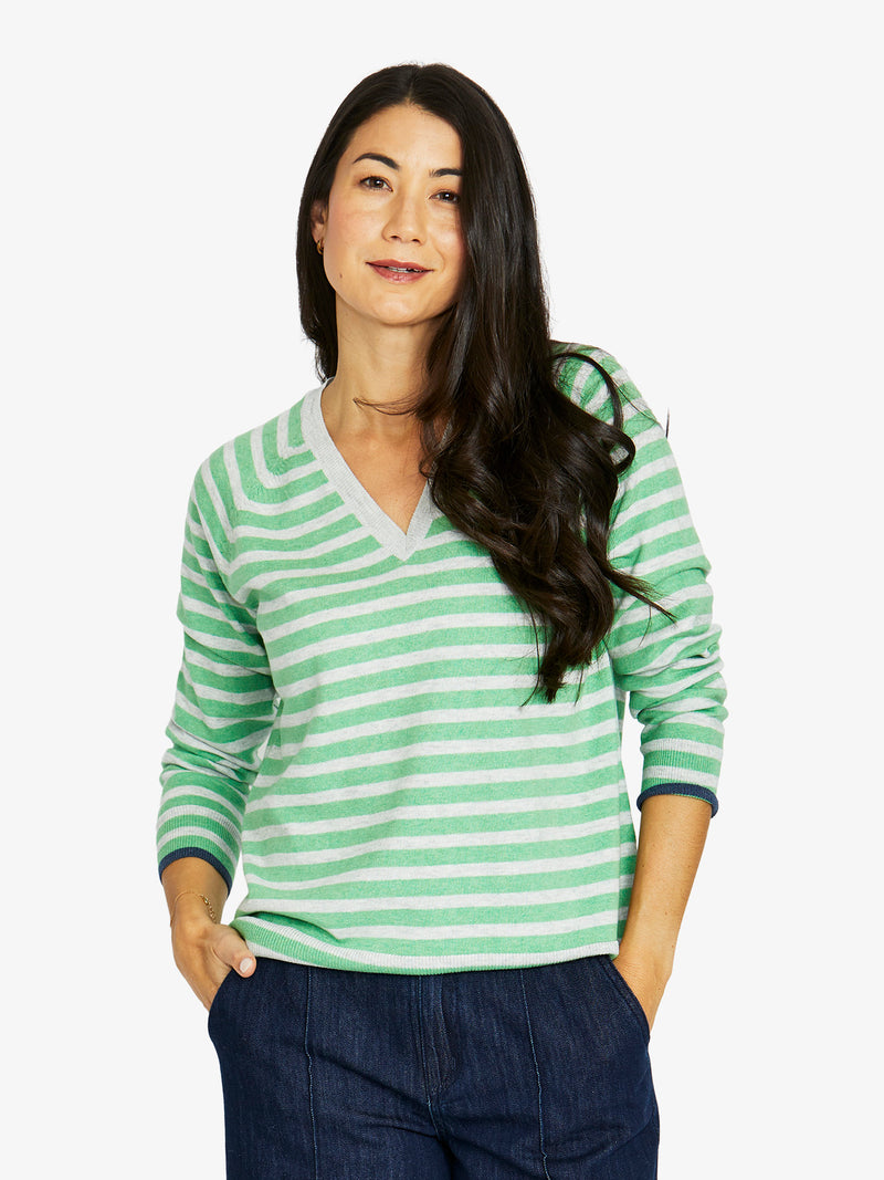 Duo Stripe V-Neck - Green Tea- Grey
