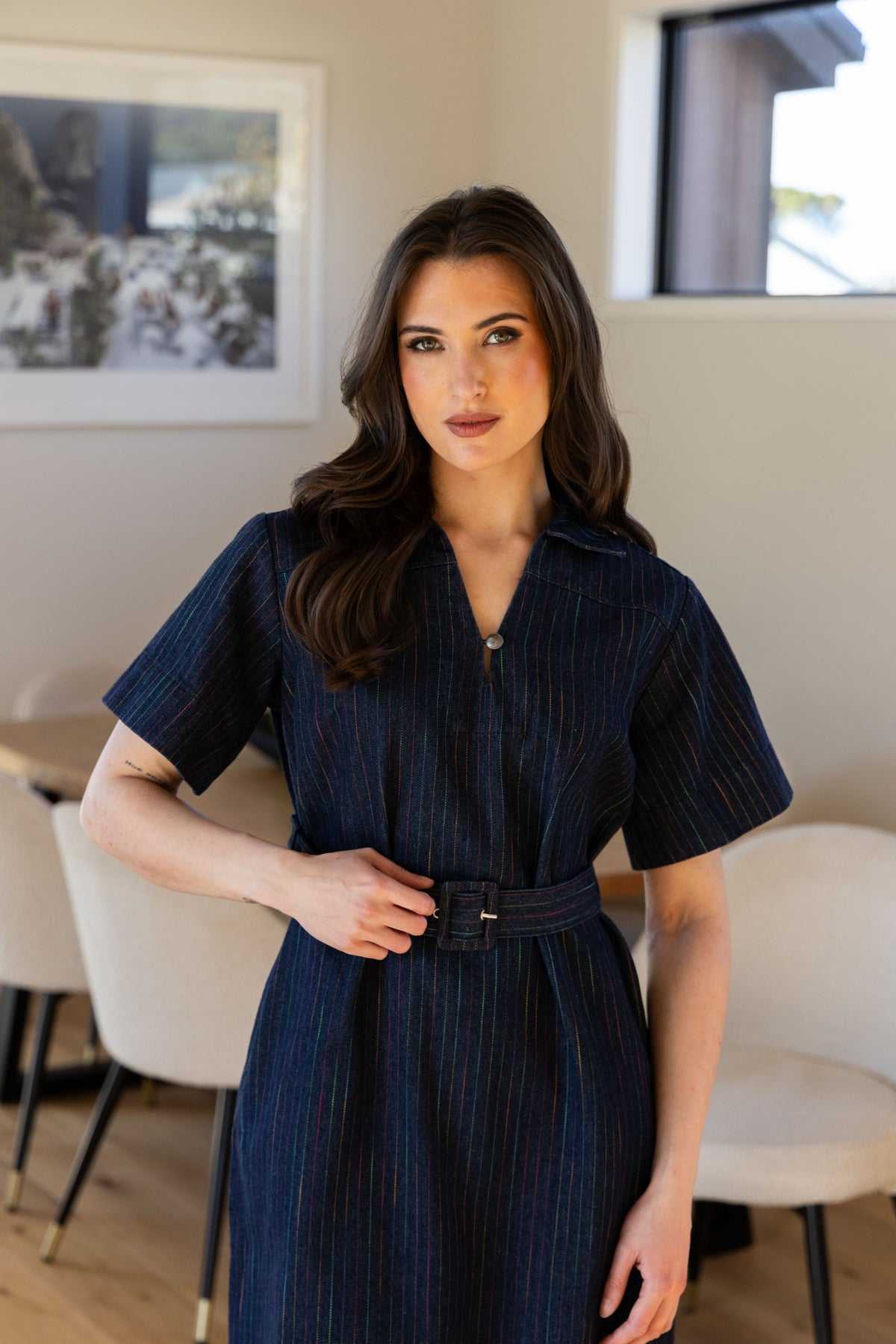 Denim Mini Dress / Colourful Stripe