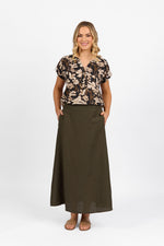 Pull On Skirt with Elastic Waistband - Khaki