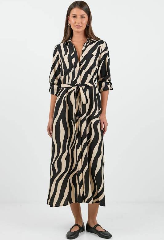 Cyprus Black Cream Safari LS Shirt Midi Dress