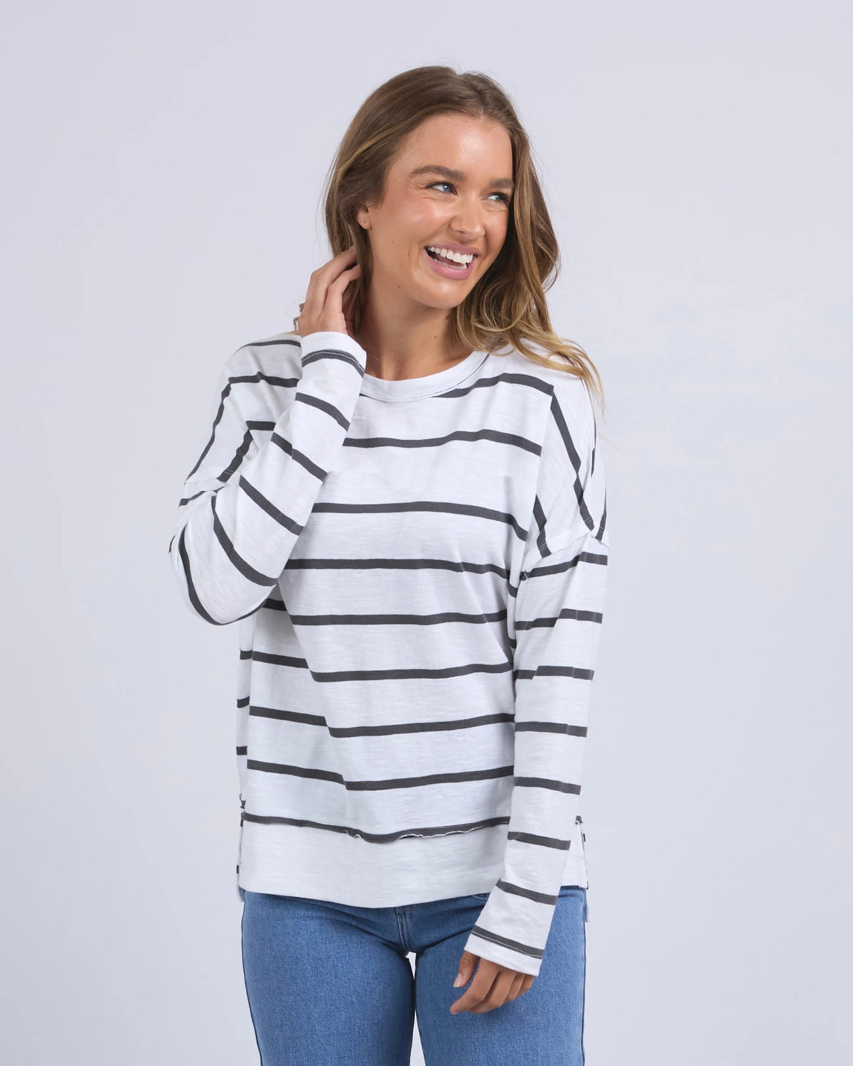 Layne Stripe Throw On Top - White/Charcoal Stripe