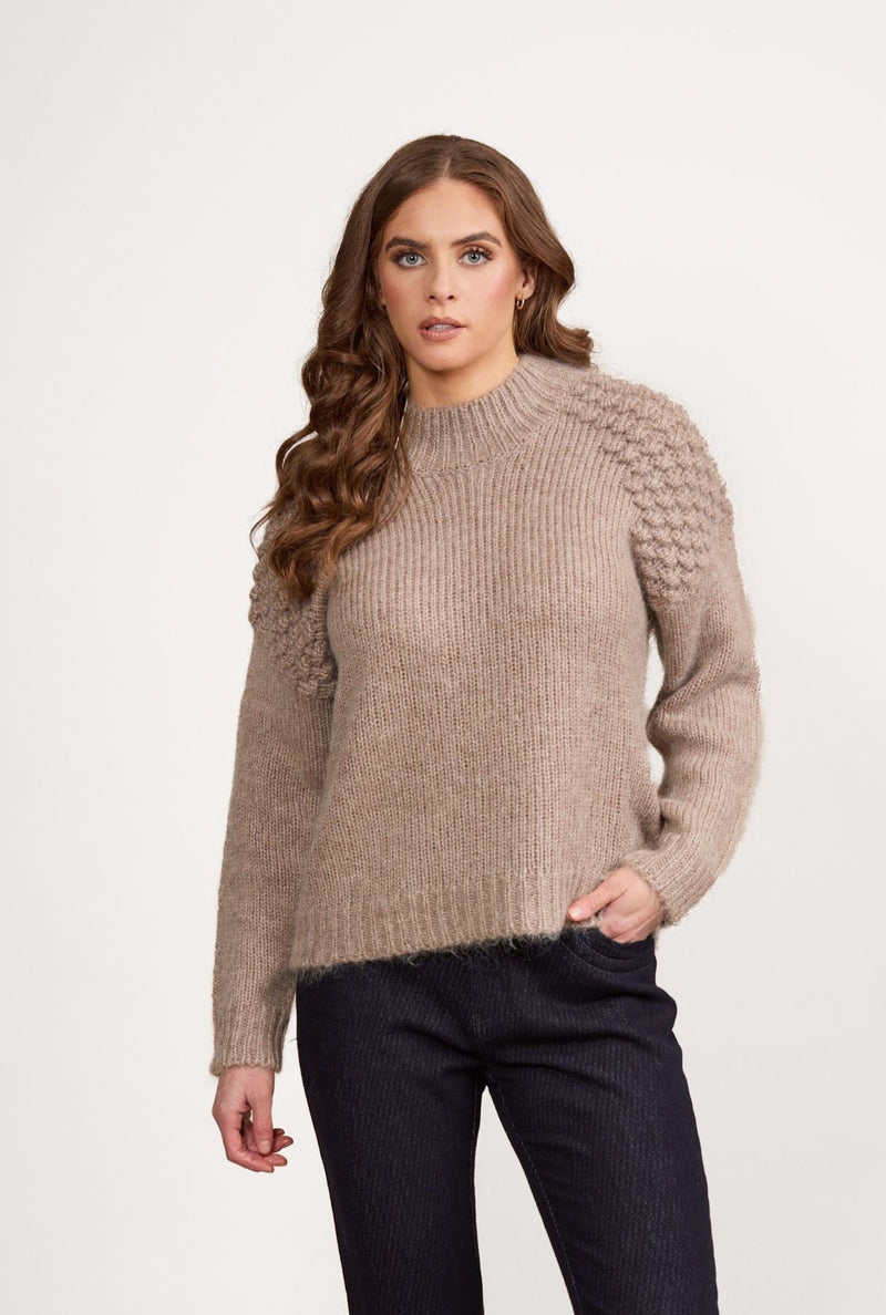 Bobble Detail Sweater with High Neck - Twig