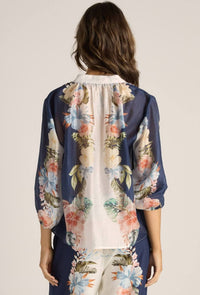 Solara Split Neck Blouse - Navy Print